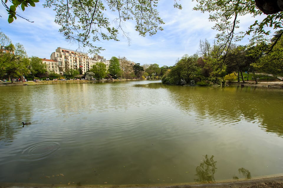 Um rio calmo com um pato nadando, cercado por árvores e um edifício ao fundo.