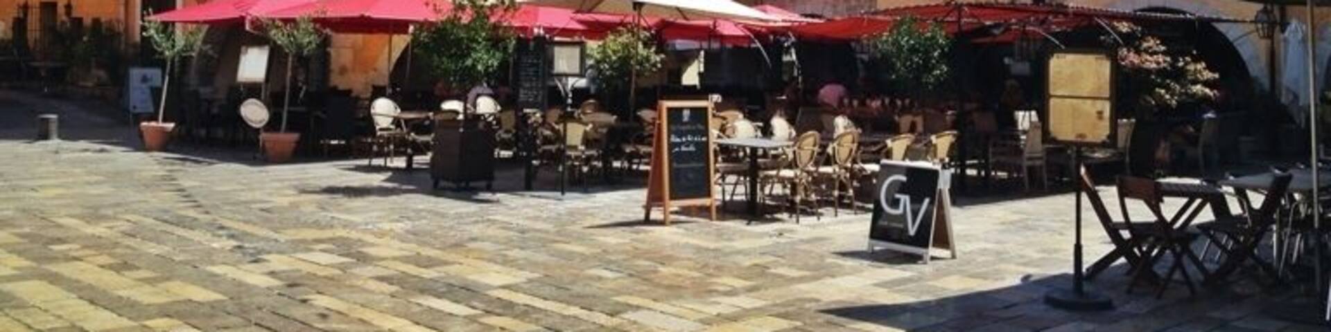 There's a scene in the movie French Kiss, filmed in Valbonne, where Kevin Kline (as Luc) and Meg Ryan (as Kate) make their way down a narrow cobblestone street and she exclaims "Beautiful, beautiful, beautiful!" That pretty much sums up the town. The small French village of Valbonne, about 15 minutes north of Cannes, was also used for the scene where Luc fights with his brother in the main village square in front of the Hotel les Armoiries, an old seventeenth century building.