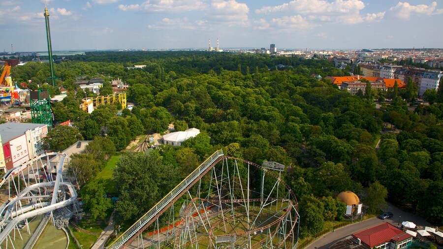 Wiener Prater which includes a city, rides and forests