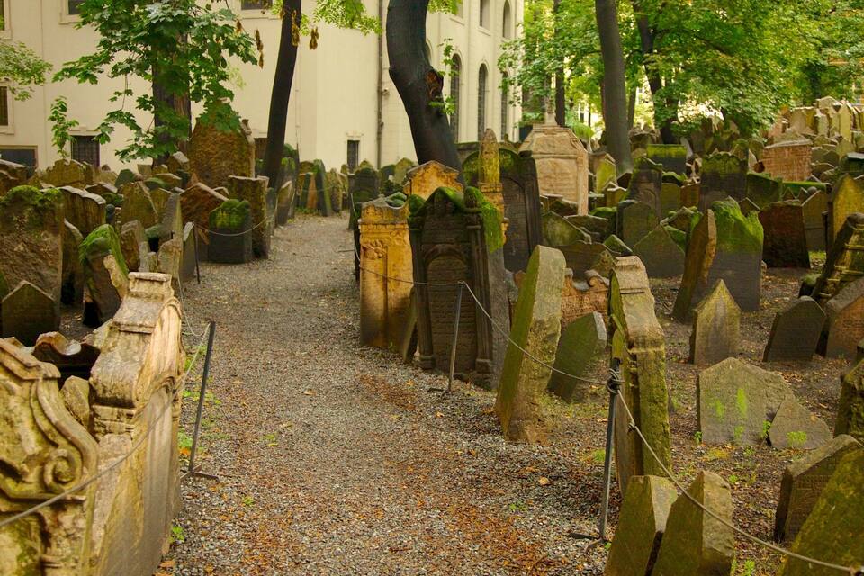 A cemetery with numerous tombstones and gravestones, surrounded by trees and buildings.