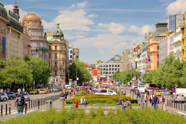 Wenceslas Square which includes a city and street scenes