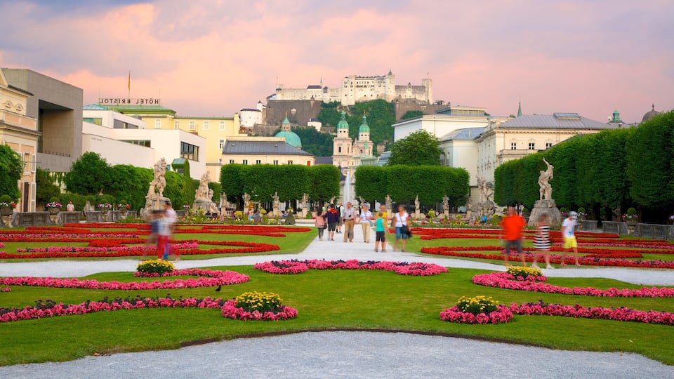 Mirabell Palace and Gardens showing a city, a castle and flowers