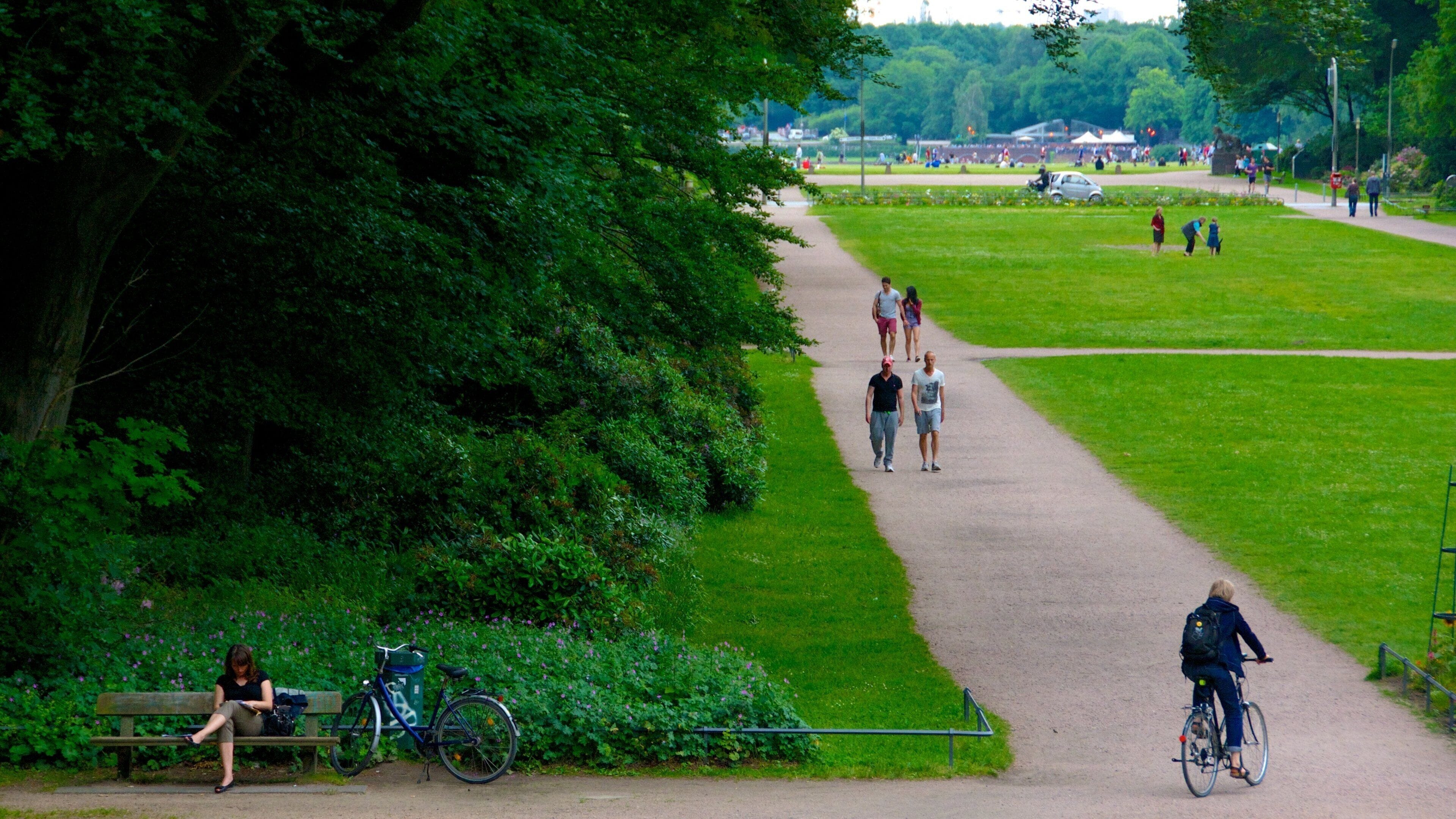 Un parque con un sendero pavimentado, áreas verdes, una bicicleta y gente caminando.