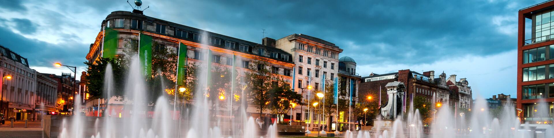 Fountains at Piccadilly garden in Manchester city center, England.
