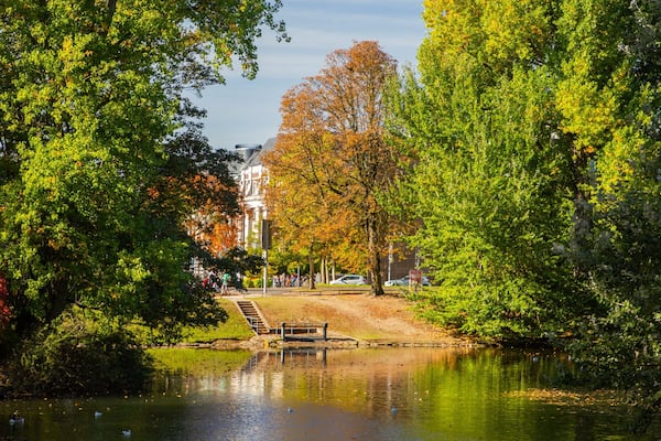 Ein Park mit Teich, Bäumen und einem Gebäude im Hintergrund.