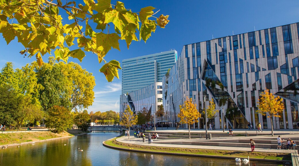 Hofgarten which includes modern architecture and a river or creek