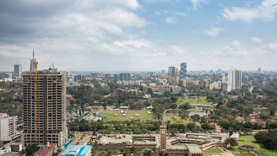 Aerial view of Nairobi, Kenya looking toward governement buildings and Kilimani.