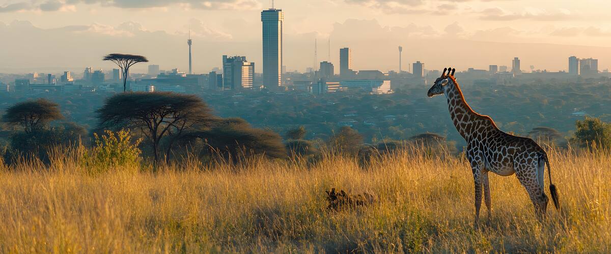 Nairobis skyline with the Nairobi National Park and wildlife in the foreground.