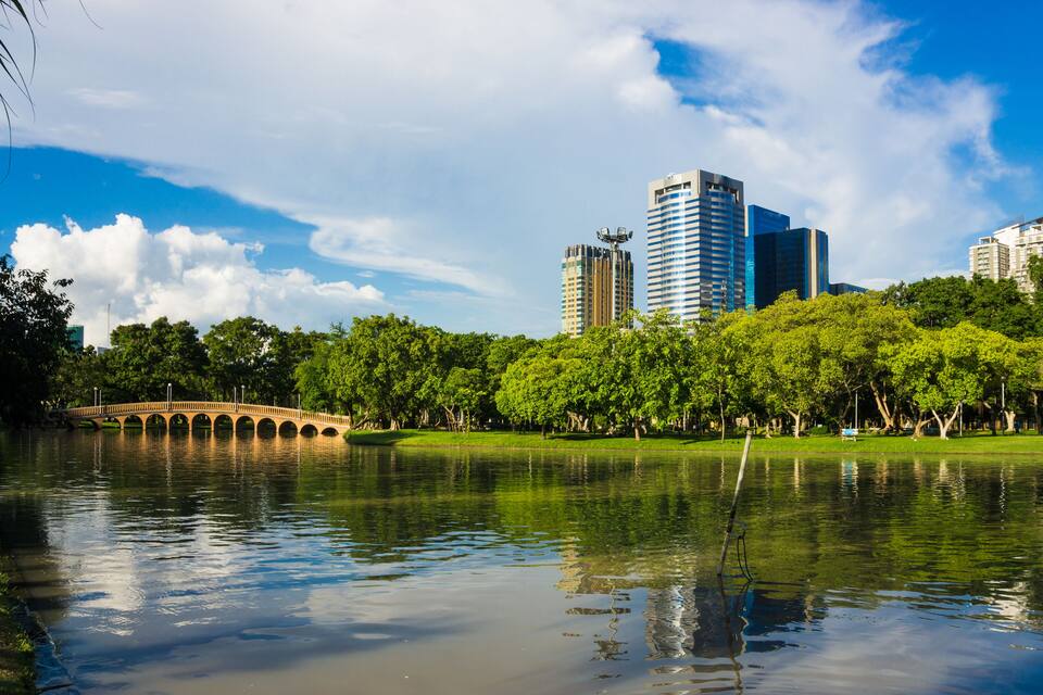 A bridge over a calm lake with a cityscape in the background.