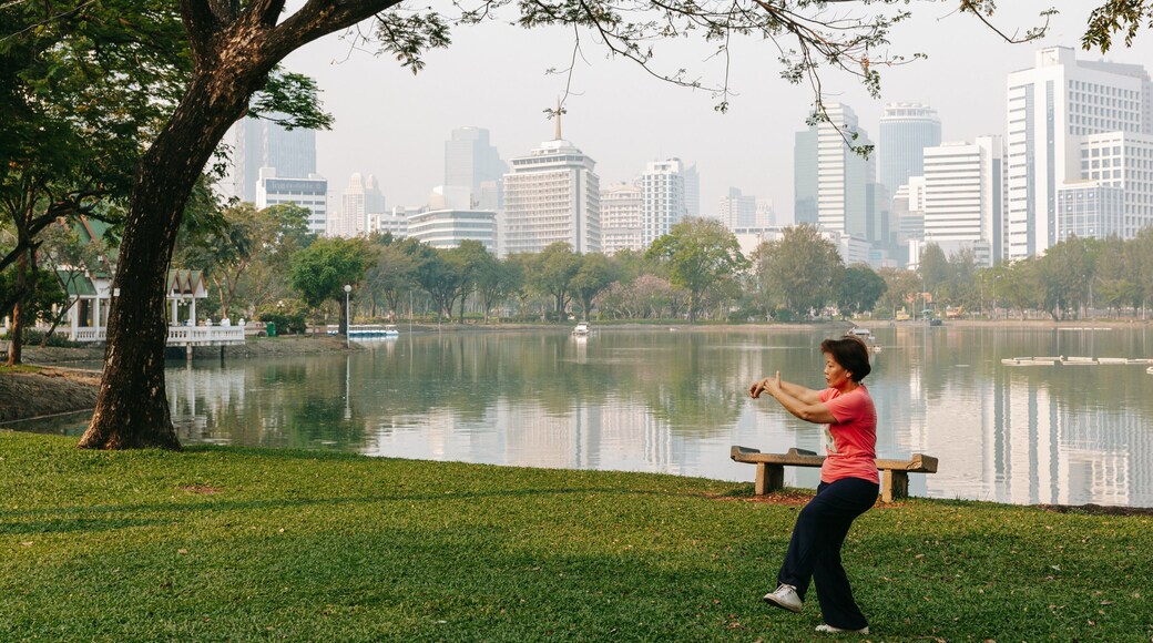 Lumphini Park showing a garden and a lake or waterhole as well as an individual femail