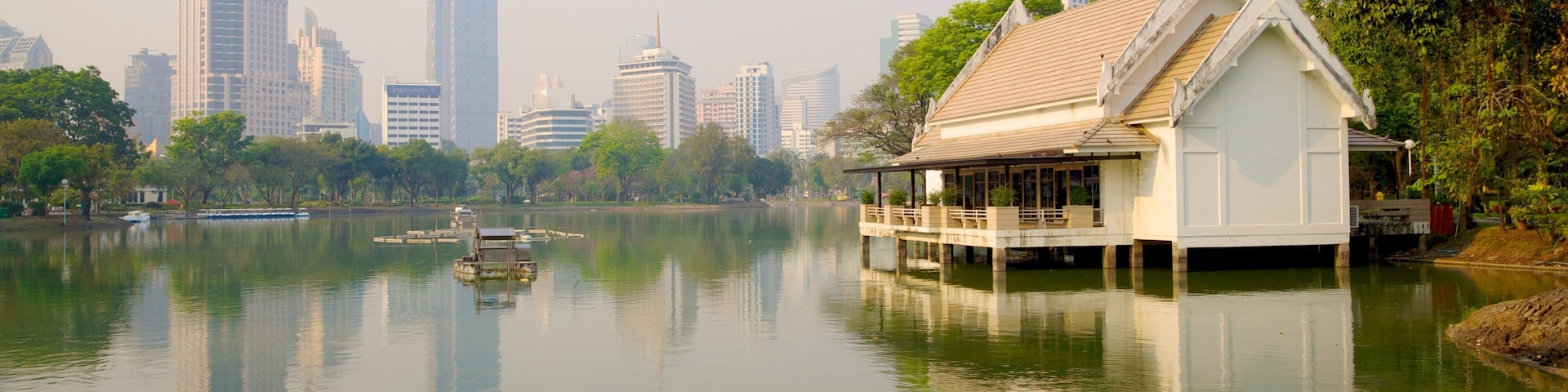 Parque Lumpini que incluye vista panorámica, una ciudad y botes