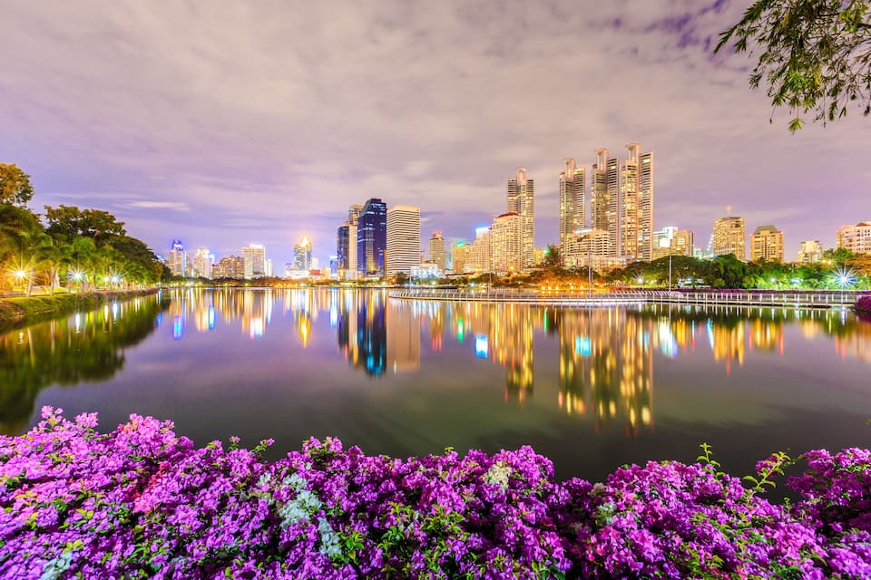 Un horizonte urbano reflejado en aguas tranquilas, rodeado de flores moradas vibrantes.