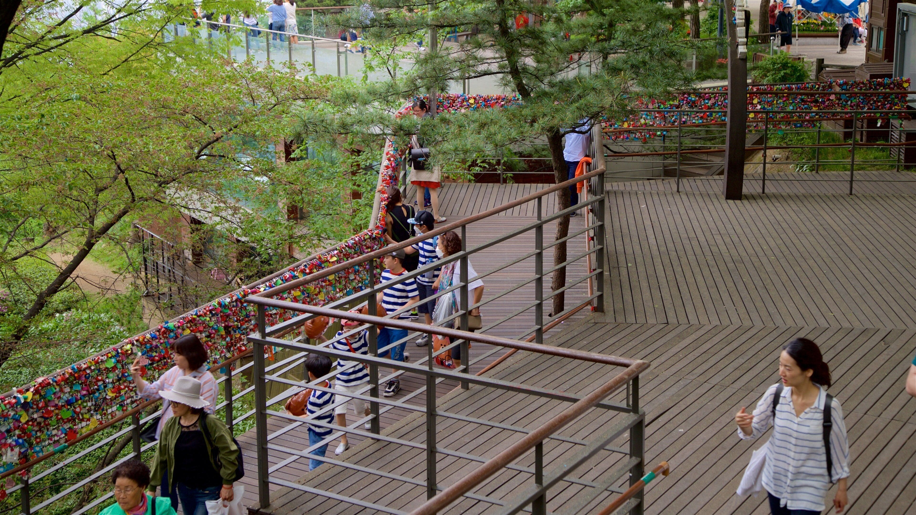 Namsan Park, Seoul, South Korea which includes a garden as well as a small group of people