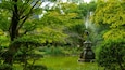 A tranquil garden with a pond, lush greenery, and a fountain statue.