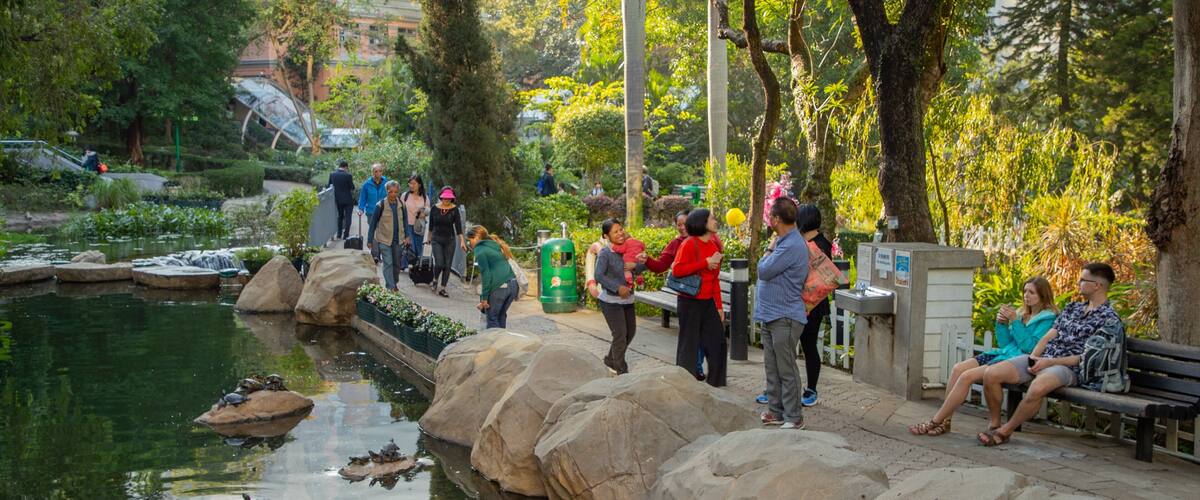 Hong Kong Park featuring a garden, marine life and a pond