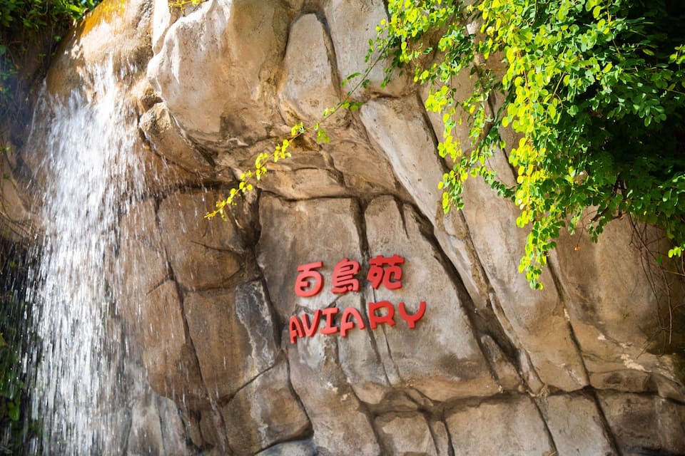 Ein Wasserfall stürzt über eine felsige Klippe, auf deren Oberfläche chinesische Schriftzeichen zu sehen sind.