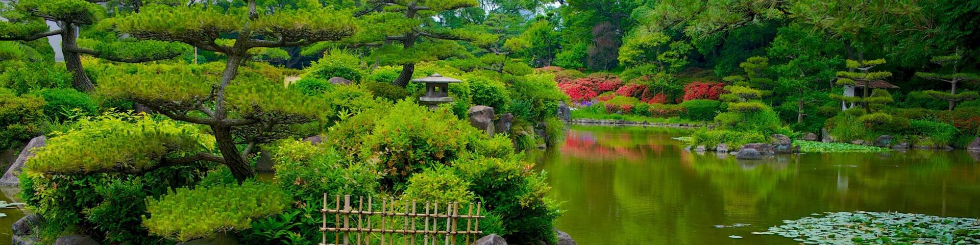 Tennoji Park showing a pond and a garden
