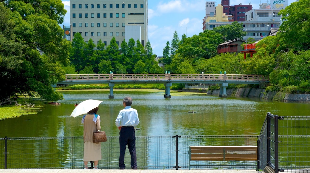 Parque de Tennoji que inclui um jardim, um rio ou cĂłrrego e uma ponte