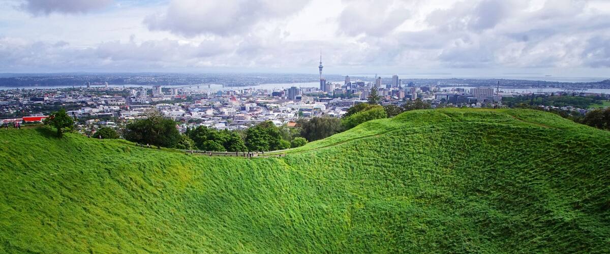 Crater hill on the top of Mount Eden. Auckland view in New Zealand.