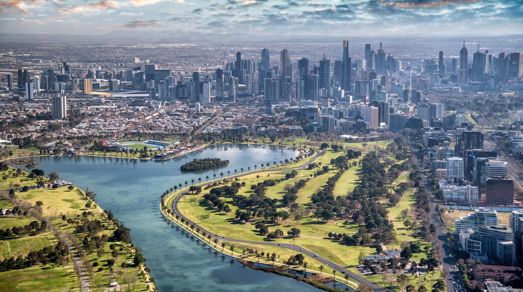 Melbourne aerial city view with Albert Park and skyscrapers