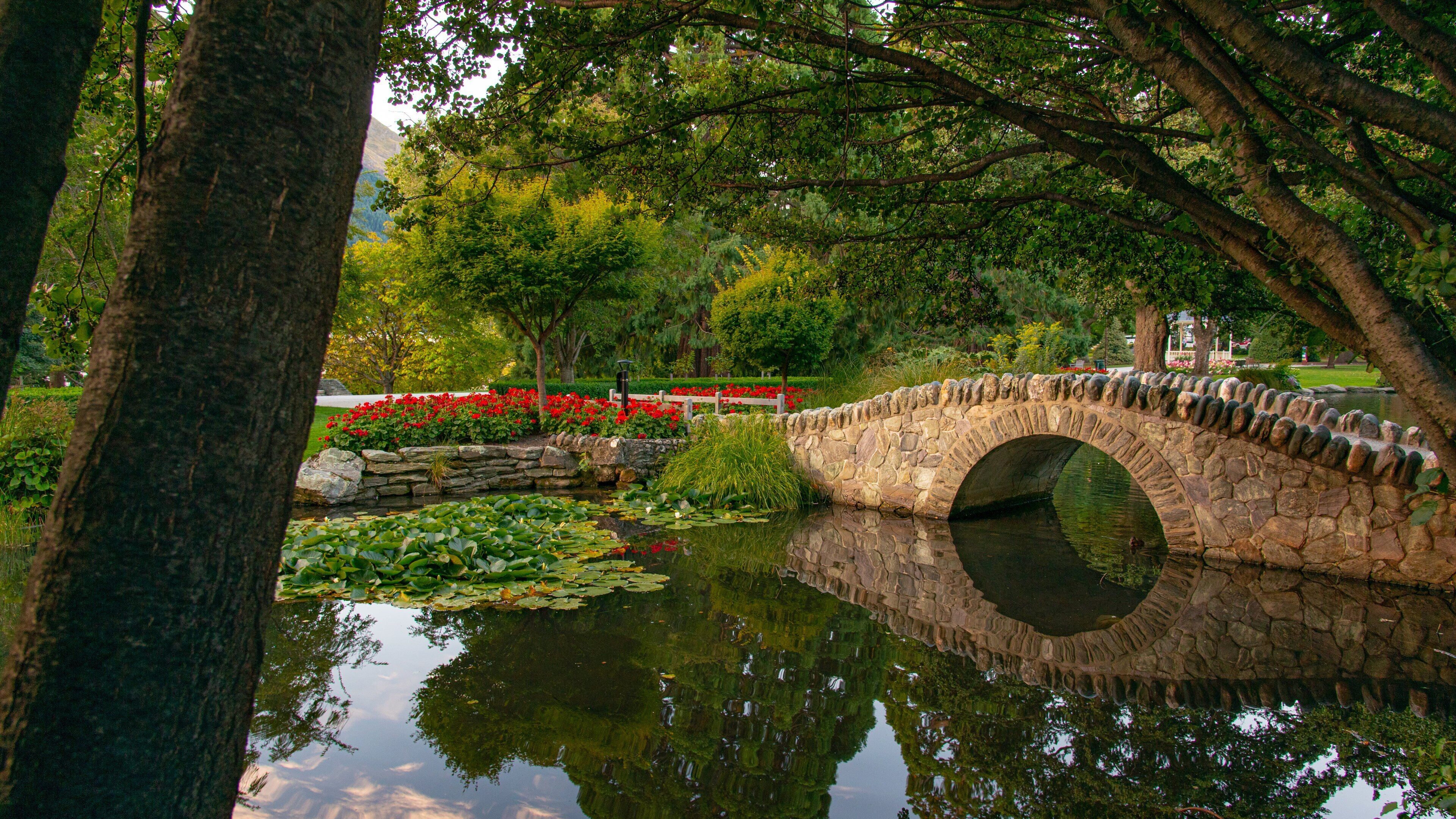Queenstown Gardens which includes a bridge and a pond
