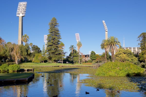 Queens Gardens showing a park and a pond