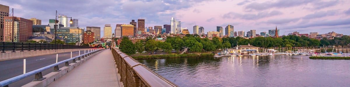 Longfellow Bridge featuring a bay or harbor, a sunset and a city
