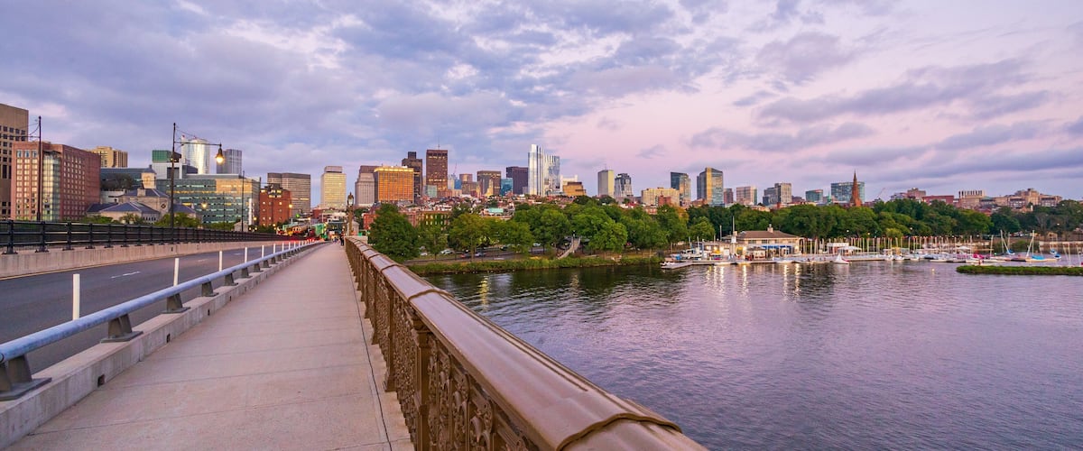 Longfellow Bridge featuring a bay or harbor, a sunset and a city