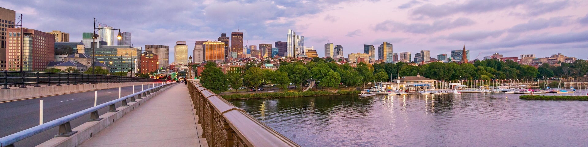 Longfellow Bridge featuring a bay or harbor, a sunset and a city