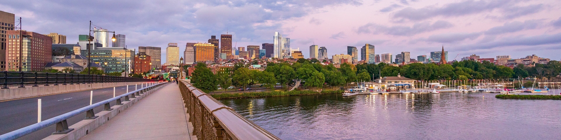 Longfellow Bridge featuring a bay or harbor, a sunset and a city