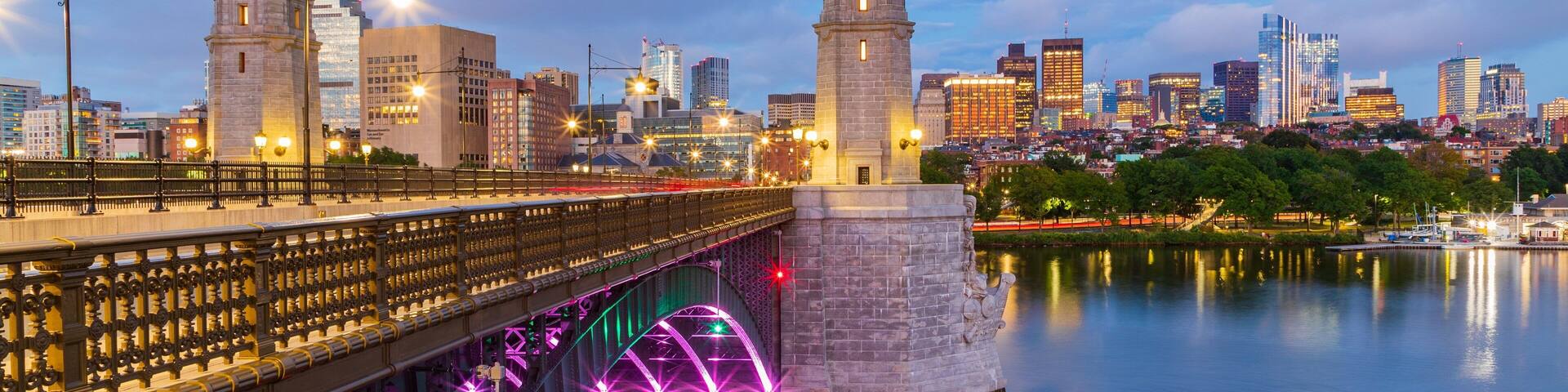 Longfellow Bridge which includes a river or creek, night scenes and a bridge