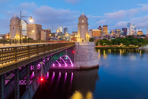 Longfellow Bridge which includes a river or creek, night scenes and a bridge