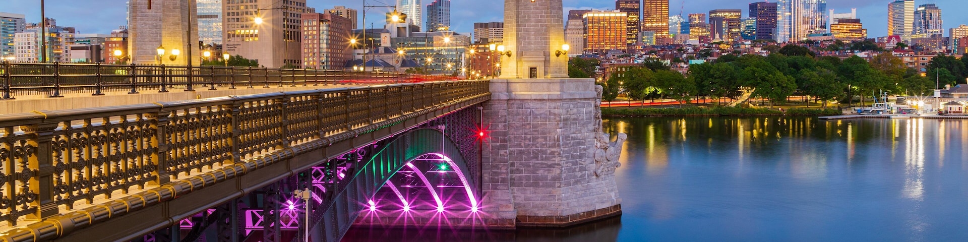 Longfellow Bridge which includes a river or creek, night scenes and a bridge