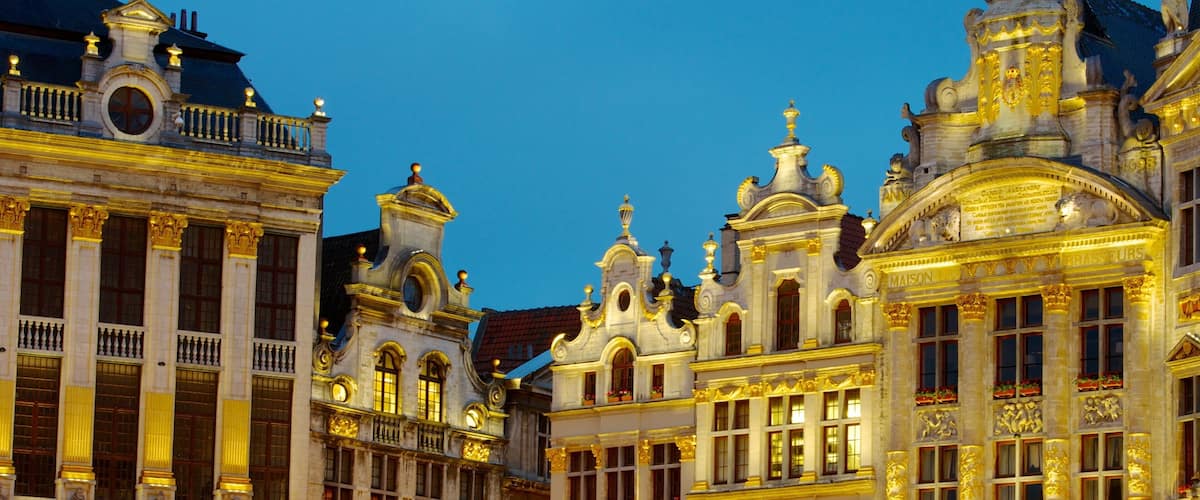 La Grand Place showing a castle, heritage architecture and night scenes