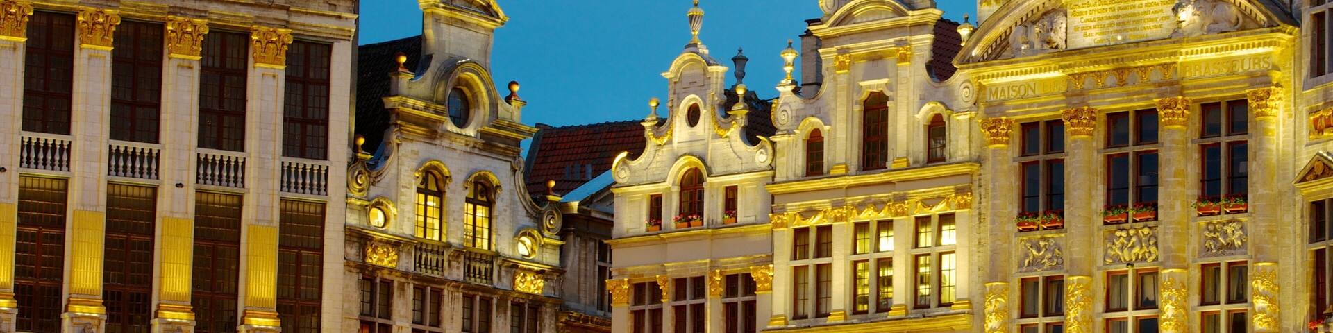 La Grand Place showing a castle, heritage architecture and night scenes
