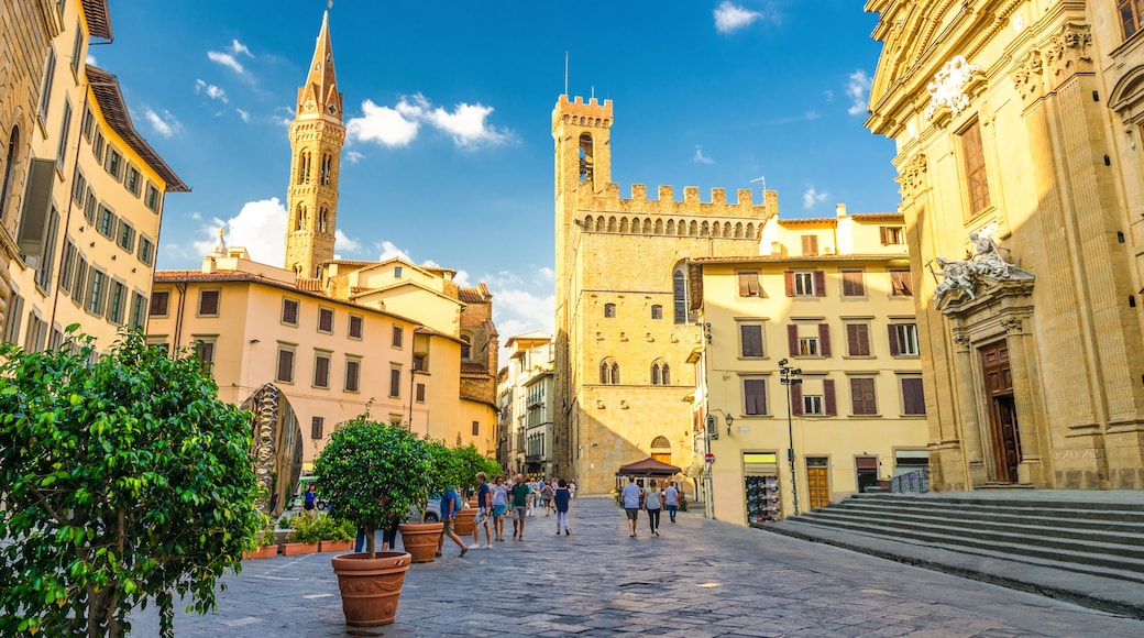 Piazza di San Firenze square with Chiesa San Filippo Neri, Badia Fiorentina Monastero catholic church and Bargello museum in historical centre of Florence city, blue sky white clouds, Tuscany, Italy