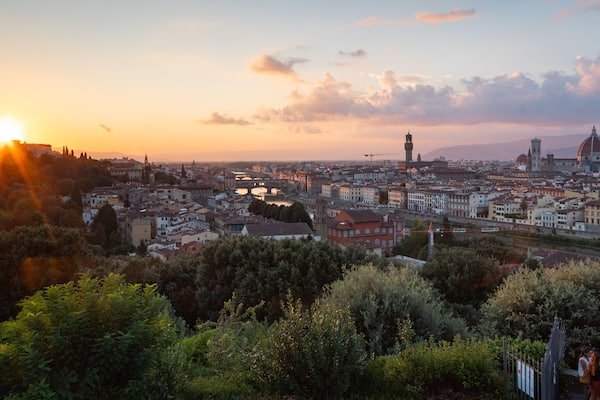 Piazzale Michelangelo showing landscape views, a sunset and a city