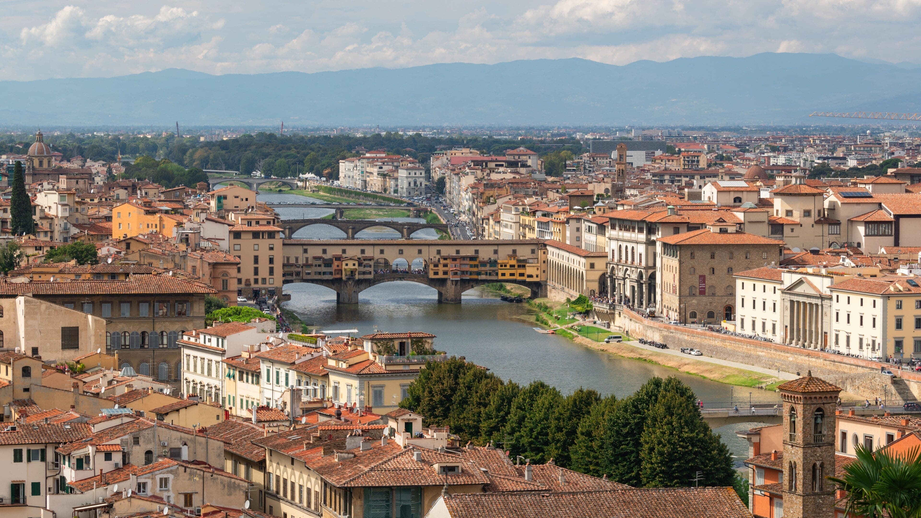 Piazzale Michelangelo showing landscape views, a river or creek and a bridge