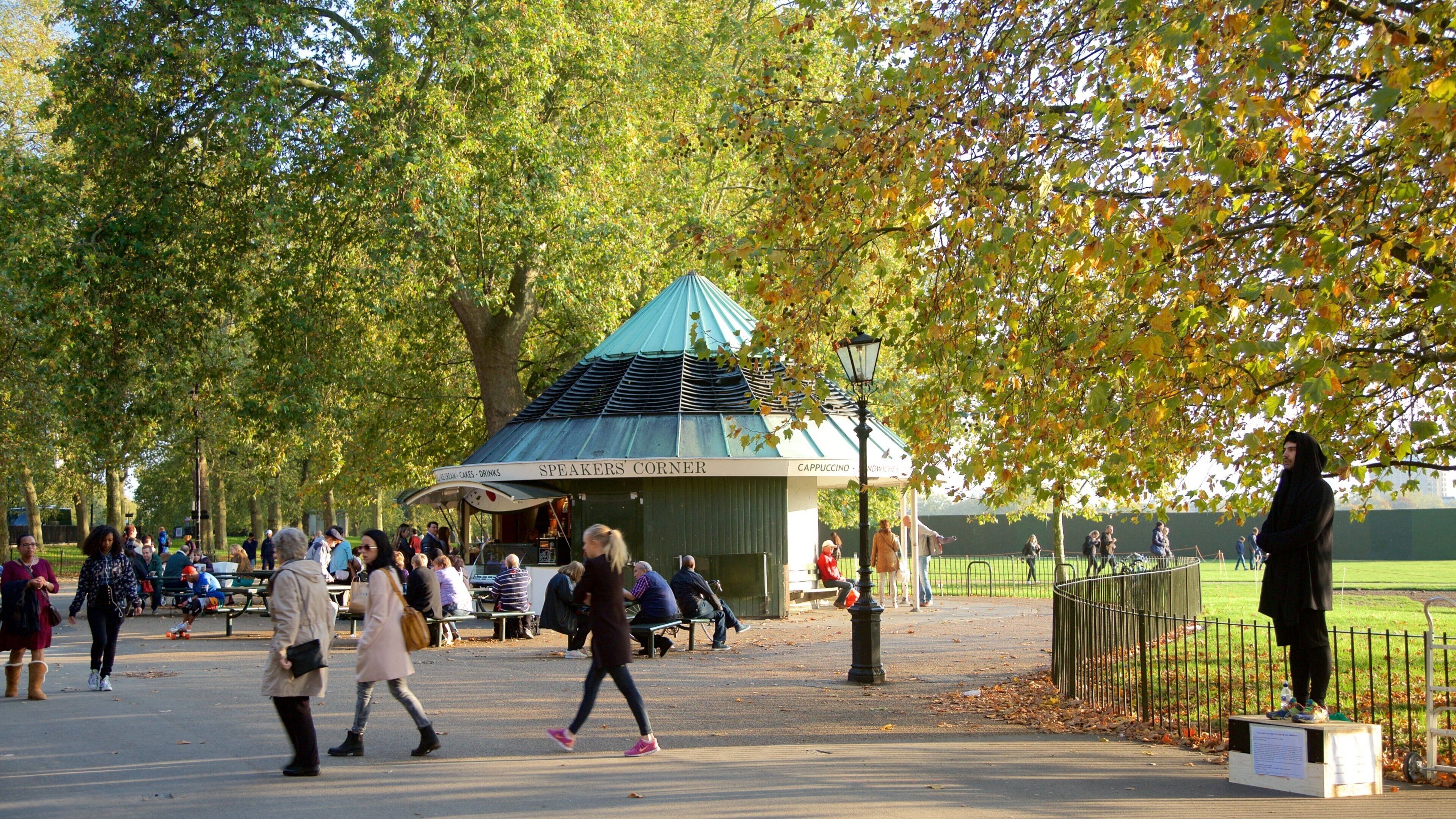 Hyde Park Corner which includes street performance and a garden as well as a small group of people
