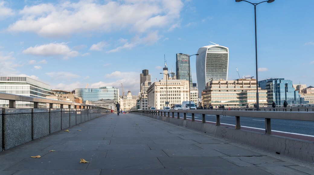London, UK - November 22nd, 2017: Anti-vehicle barriers erected on the pavement on London Bridge in the Borough area, Southwark, London SE1 as a terrorism prevention measure
