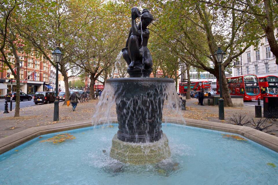 A fountain with a statue in the center, surrounded by trees and buildings.