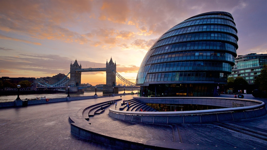 Tower Bridge featuring a sunset, modern architecture and a bridge