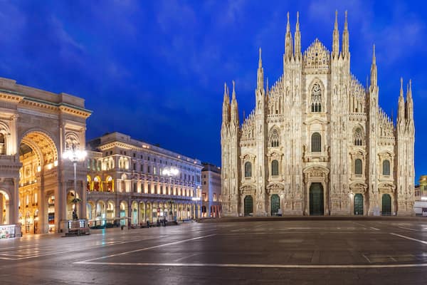 Panorama of the Piazza del Duomo, Cathedral Square, with Milan Cathedral or Duomo di Milano and Galleria Vittorio Emanuele II, during morning blue hour, Milan, Lombardia, Italy