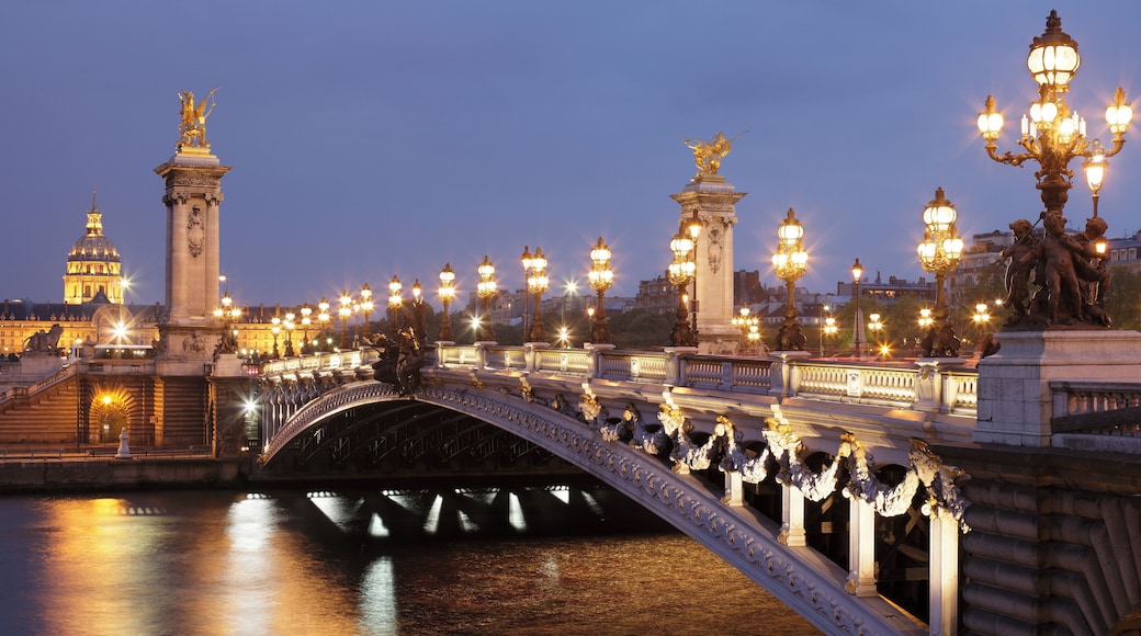 "Pont Alexandre III and Les Invalides at night (Paris, France)."