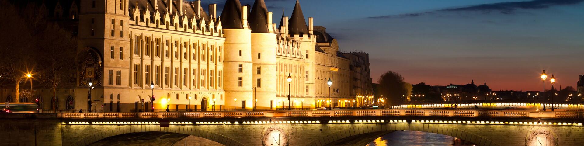 The Pont au Change, bridge over river Seine and the Conciergerie, a former royal palace and prison in Paris, France