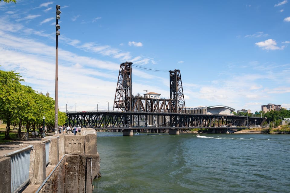 A steel bridge over a river with a park on one side and buildings in the background.