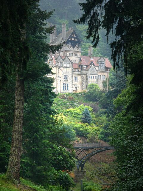 A large, historic house surrounded by dense forest and a stone bridge.