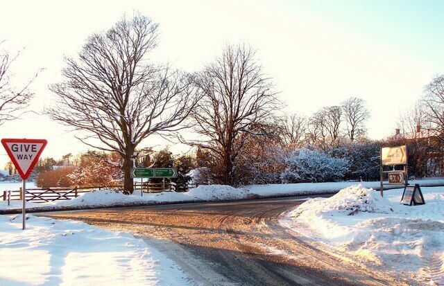 A697/B6345 Junction The junction of the B6345 as it meets the A697, south of Longframlington. In January Snow.