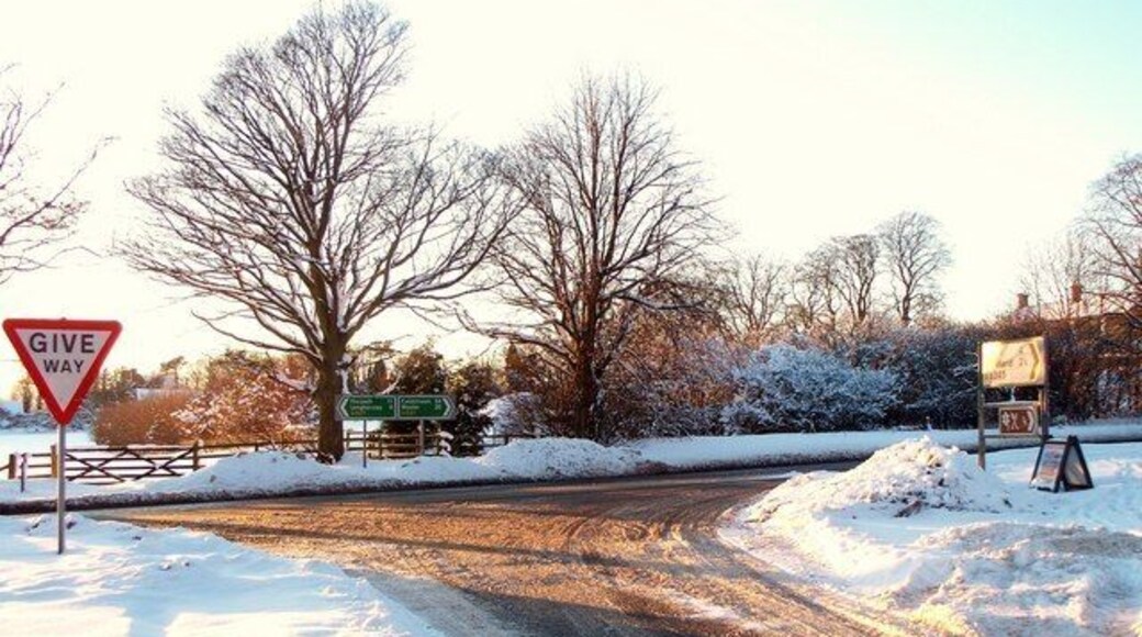 A697/B6345 Junction The junction of the B6345 as it meets the A697, south of Longframlington. In January Snow.