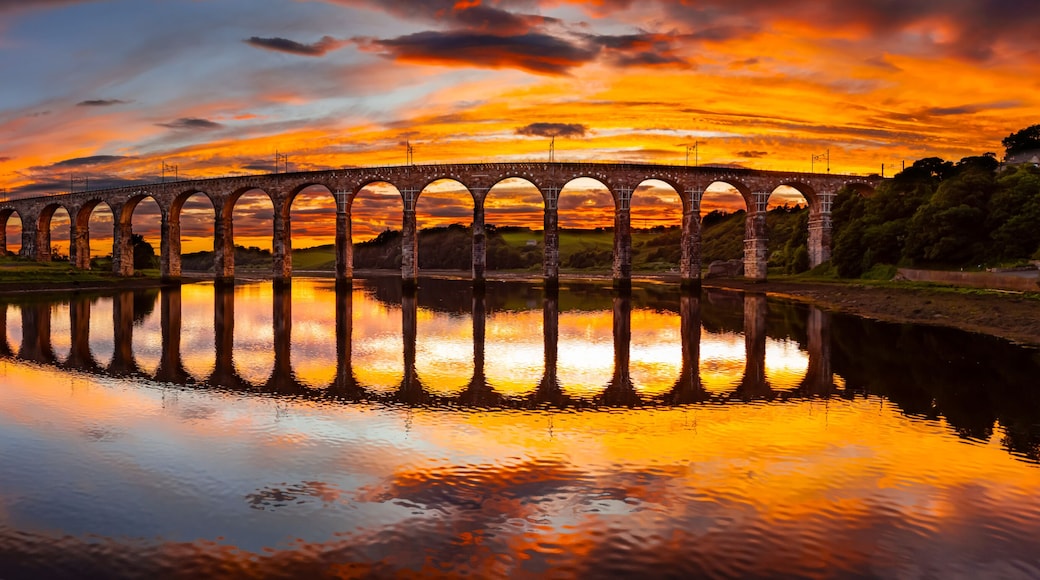Berwick, Northumberland, UK, June 19, 2024; sunset aerial view of the Royal Border Bridge Viaduct, Berwick, Berwick-upon-Tweed, Northumberland, England, UK.